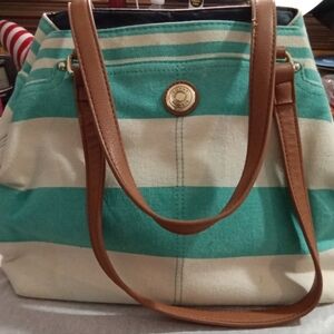 Tommy Hilfiger teal & white striped canvas tote